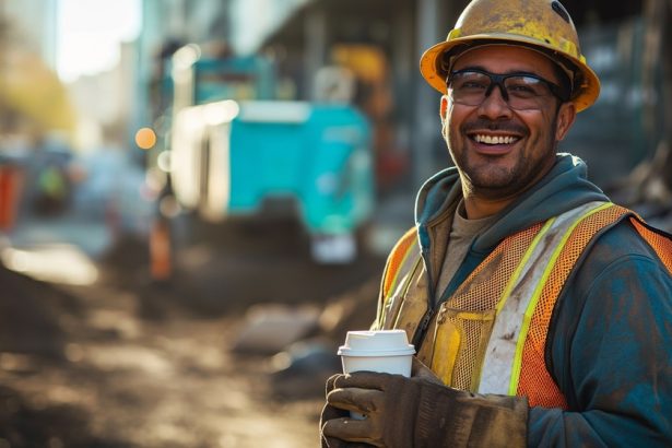 Happy tradie in high vis gear smiling on worksite while holding a coffee