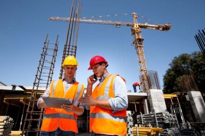 Engineers on worksite looking over tablet in front of crane