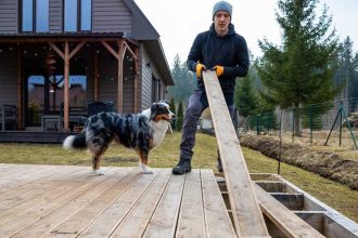Man and his dog making a tiny home in his backyard