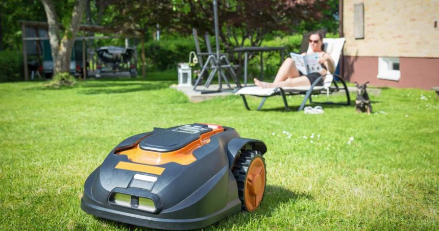 Robotic mower on lawn in front on woman in lawn chair reading magazine next to dog