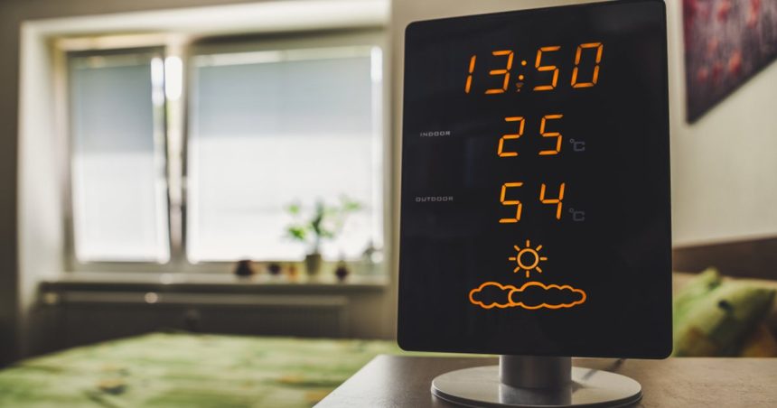 Indoor console reading temperature and weather on bedroom desk