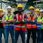 Migrant workers standing side by side on job site