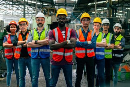 Migrant workers standing side by side on job site