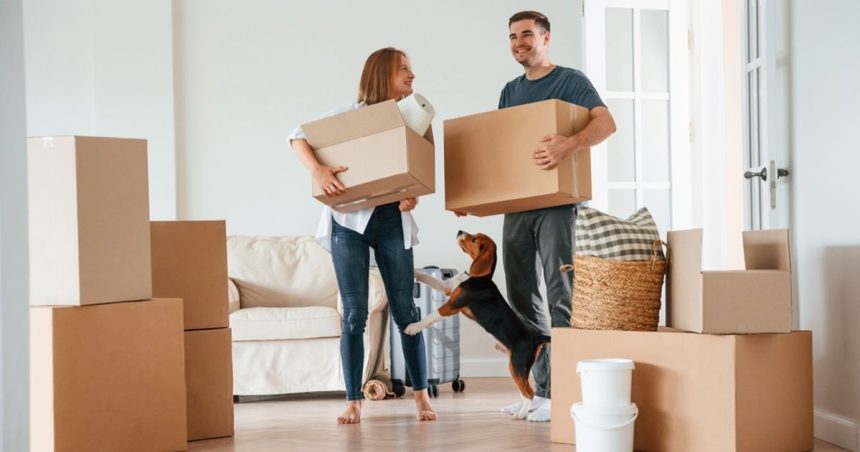 Man and woman surrounded by moving boxes in house