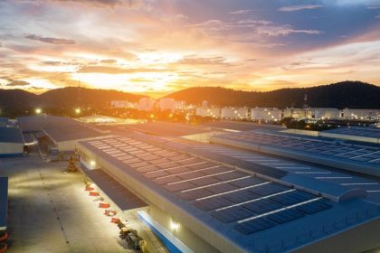 Warehouse covered in solar panels