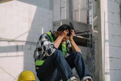 Financially stressed construction worker sitting down on site