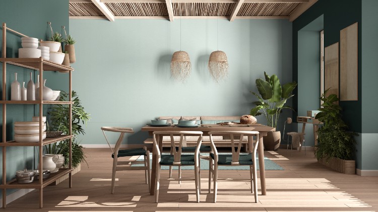 Sustainable materials pair perfectly with earthy tones, as well as greens and blues. 