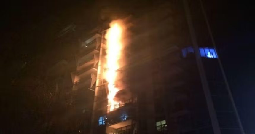 Cladding on the outside of apartment building on fire